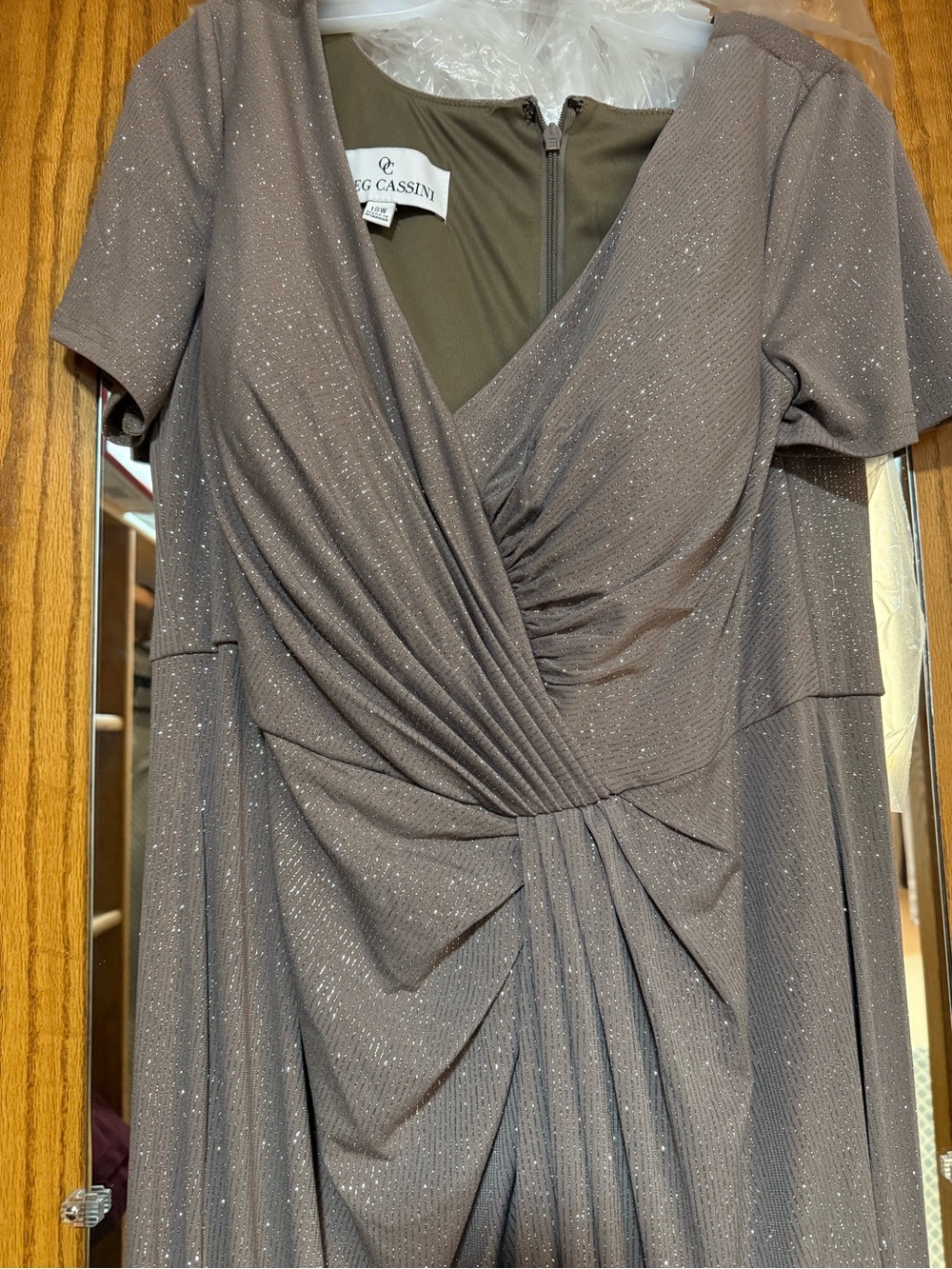 Taupe Sparkle Draped V-Neck mother of the bride Dress